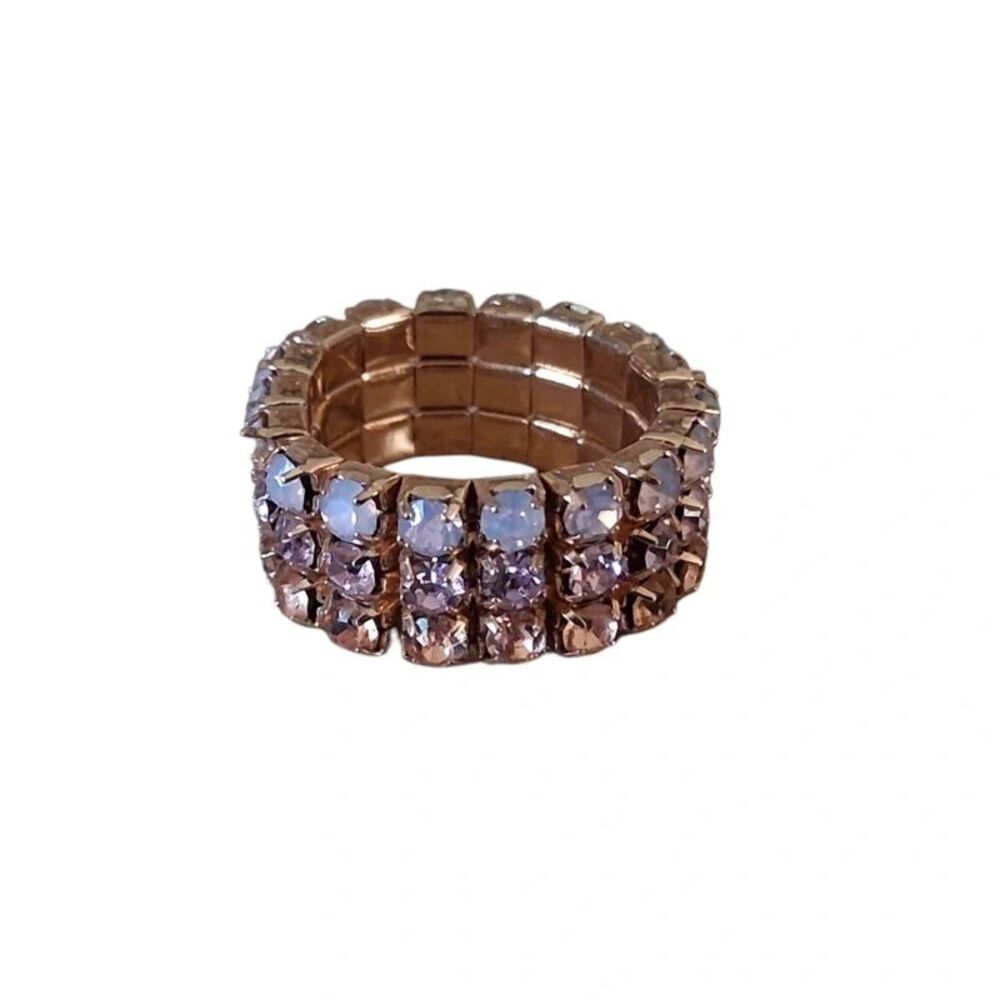 Gold Toned Metal Encrusted Pink Orange Rhinestones Stretch Elasticized Ring